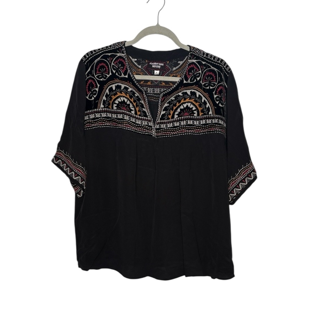Johnny Was Women's Black Blouse Embroidered Velvet Flowy Lightweight XL
